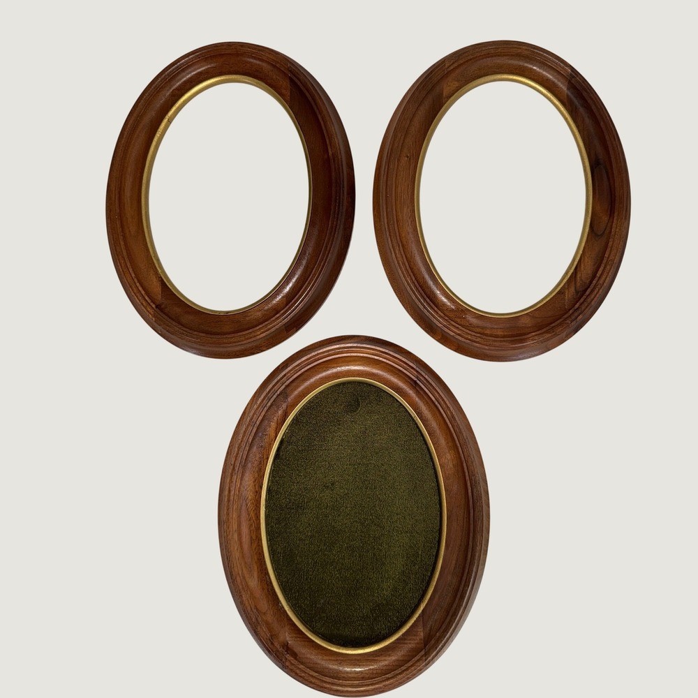 Vintage Set of 3 Oval Wood Picture Frames Walnut Gold Trim Green Velvet Insert